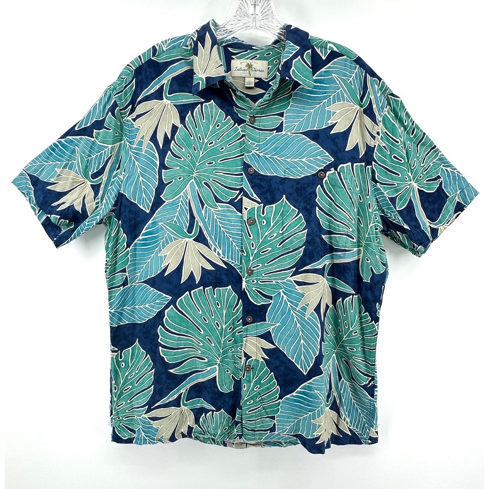 Island Shores Mens L Tropical Rayon Hawaiian Button Up Shirt Vacay Resort Beach